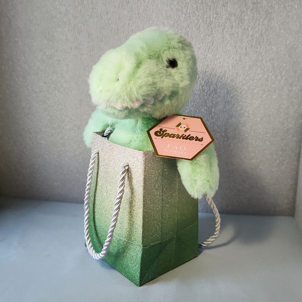 NWT FAO Schwarz Sparklers Mini 8" Green T-Rex Plush in a bag